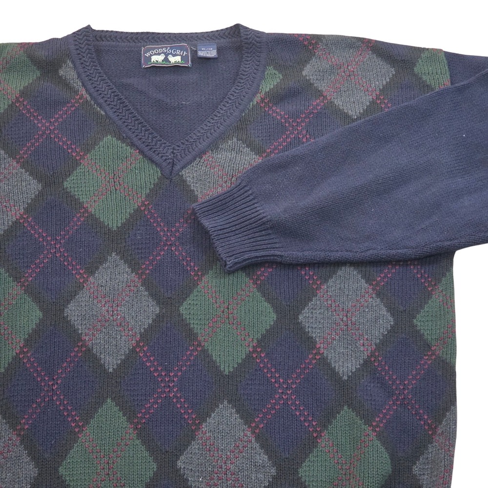 VTG Woods & Gray V Neck Argyle Cotton Sweater Blue Green Cosby Mens XL